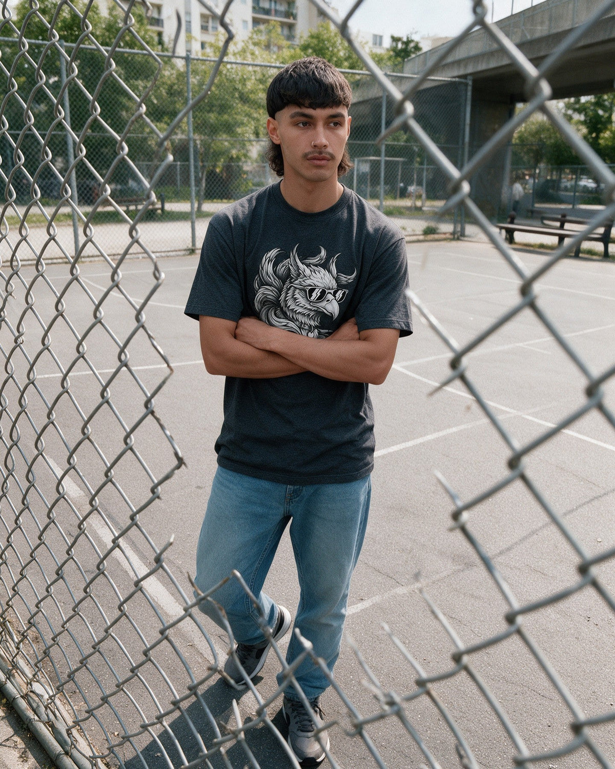 Grifone Shades T-Shirt in Dark Heather worn on the street — Urban Kong