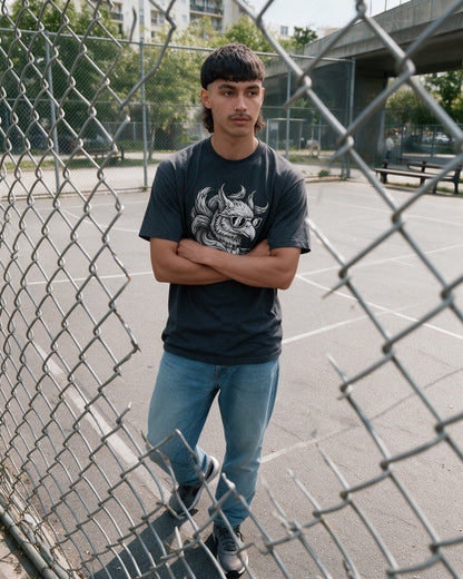 Grifone Shades T-Shirt in Dark Heather worn on the street — Urban Kong