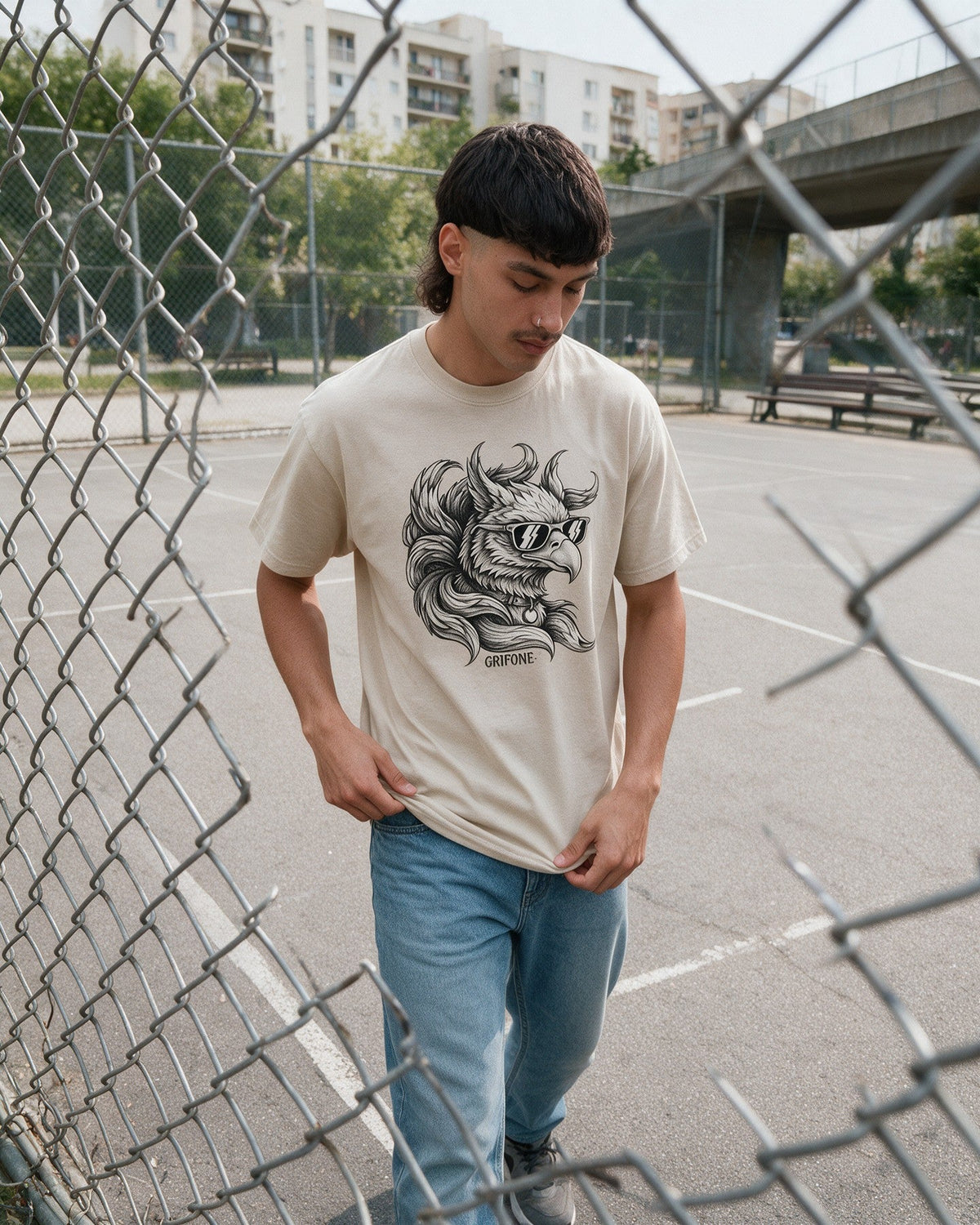 Grifone Shades T-Shirt in Sand worn on the street — Urban Kong