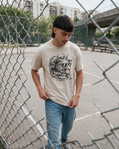 Grifone Shades T-Shirt in Sand worn on the street — Urban Kong