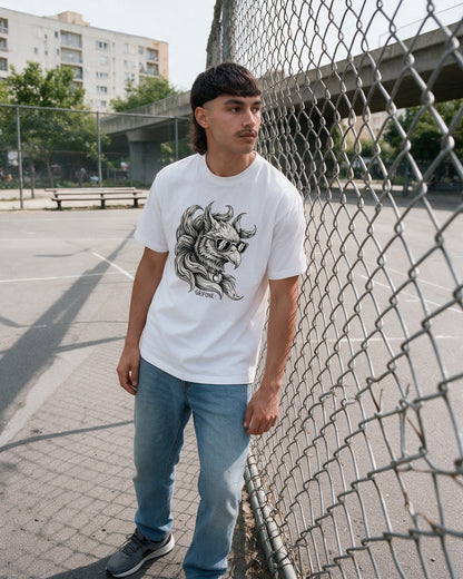 Grifone Shades T-Shirt in White worn on the street — Urban Kong