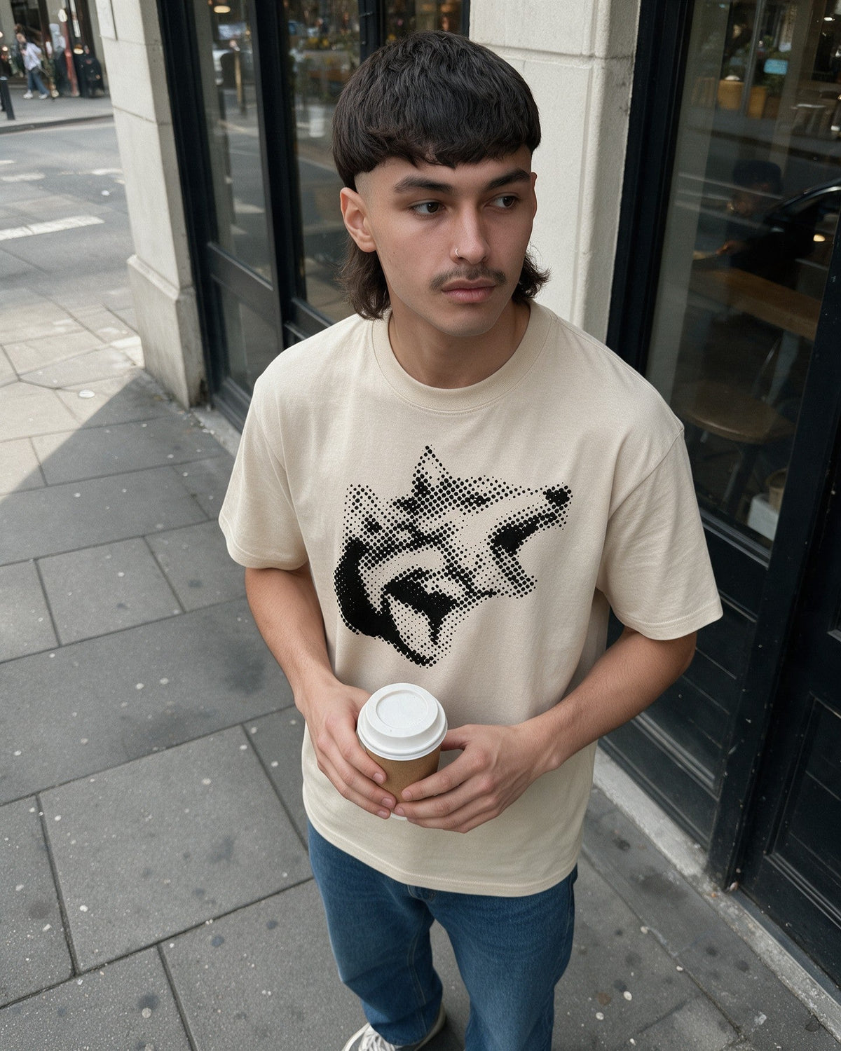 Halftone Dober T-Shirt in Sand worn on the street — Urban Kong