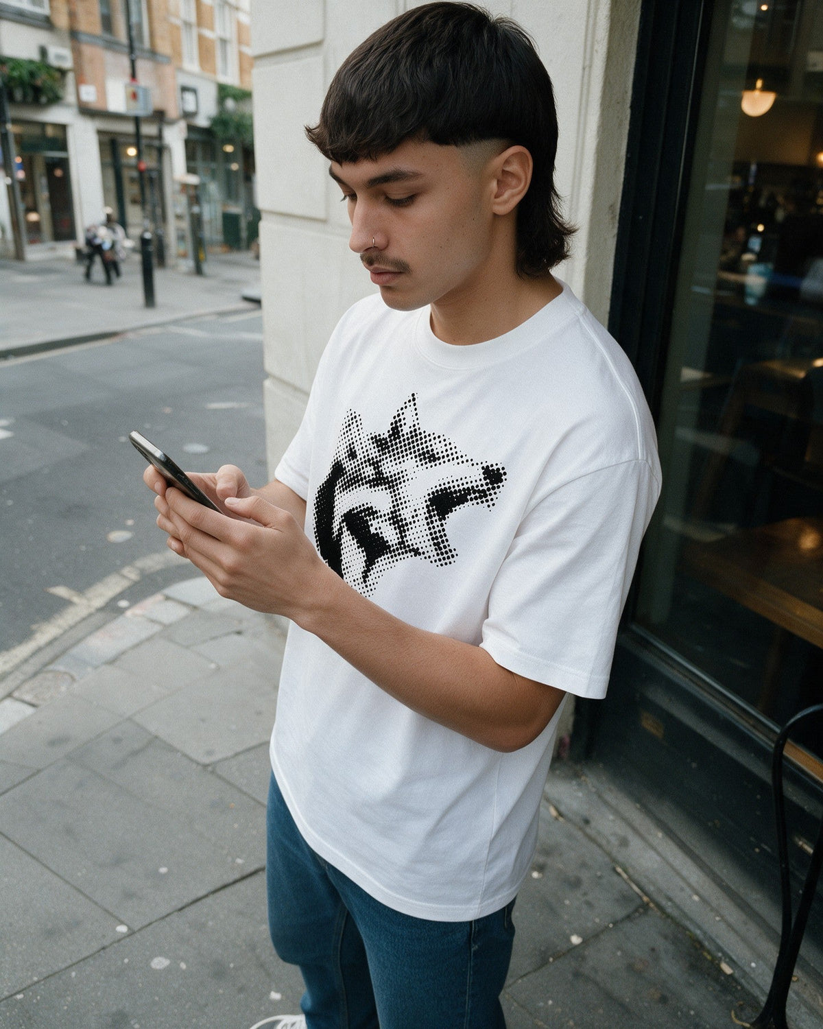 Halftone Dober T-Shirt in White worn on the street — Urban Kong