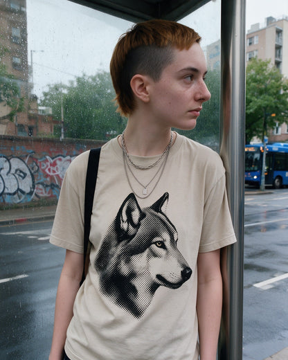 Halftone Wolf T-Shirt in Sand worn on the street — Urban Kong