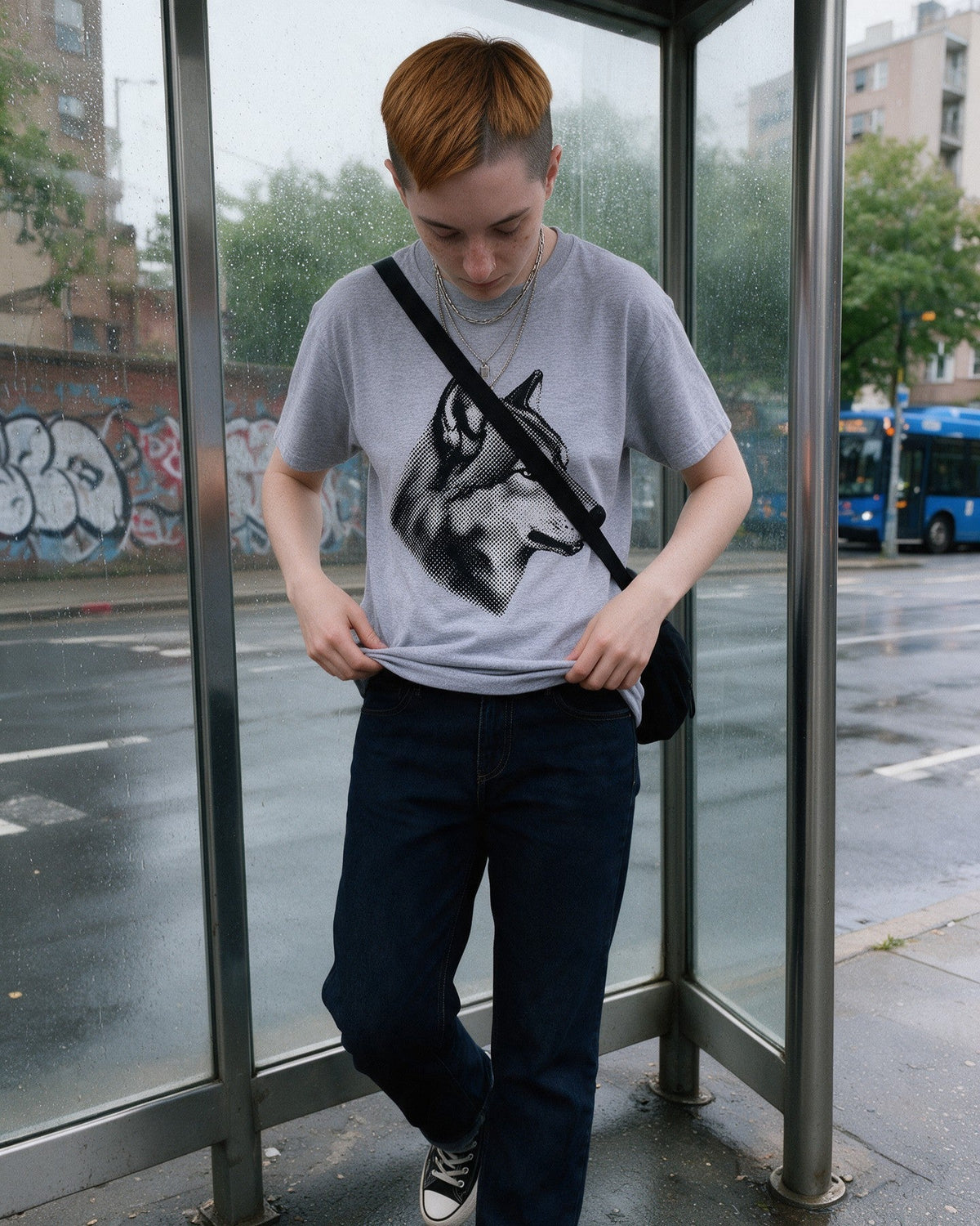 Halftone Wolf T-Shirt in Sport Grey worn on the street — Urban Kong