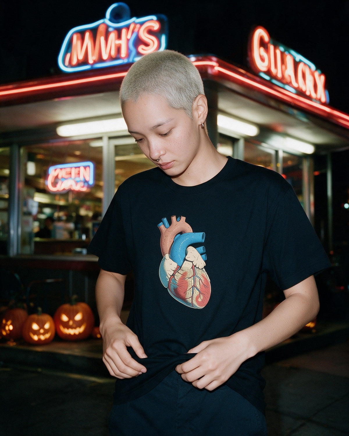 Heartwork T-Shirt in Black worn on the street — Urban Kong