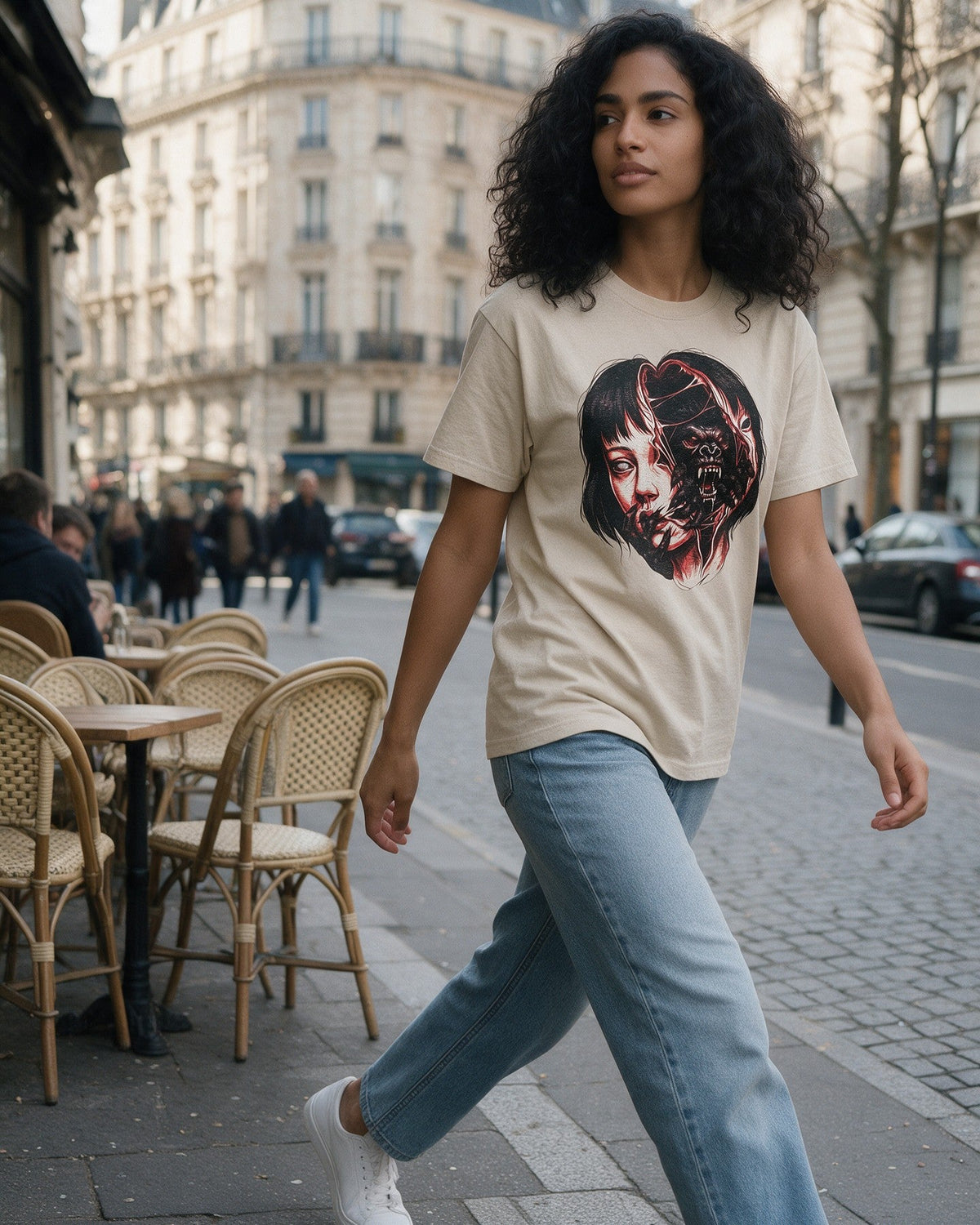 Hidden Kong T-Shirt in Sand worn on the street — Urban Kong