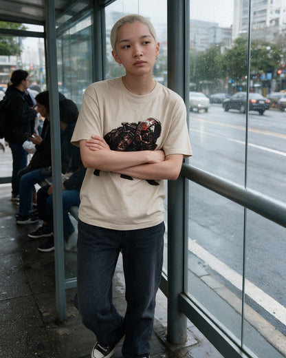 Horror Bear T-Shirt in Sand worn on the street — Urban Kong