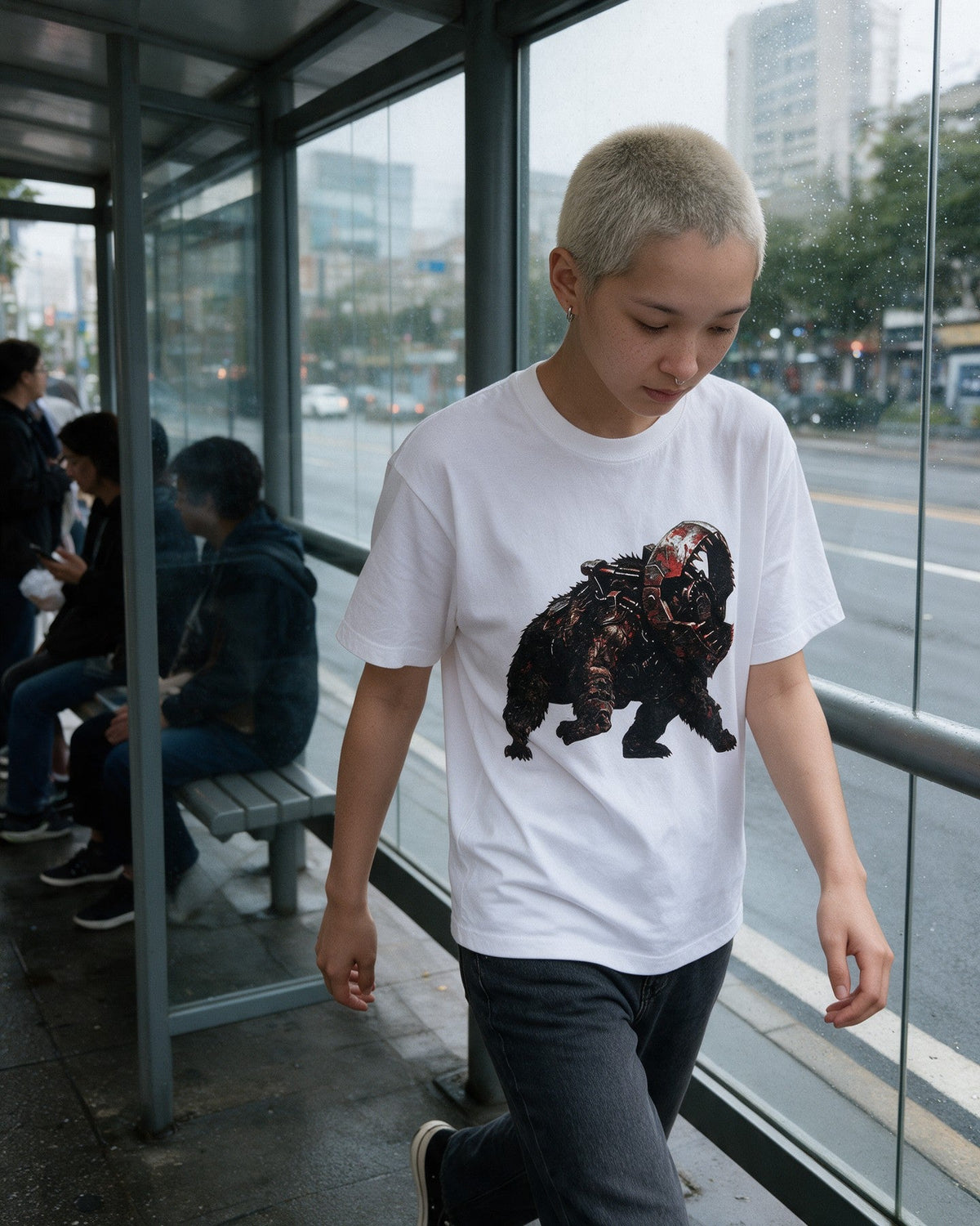 Horror Bear T-Shirt in White worn on the street — Urban Kong