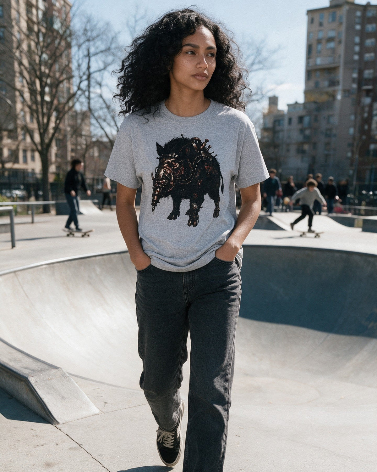 Horror Boar T-Shirt in Sport Grey worn on the street — Urban Kong