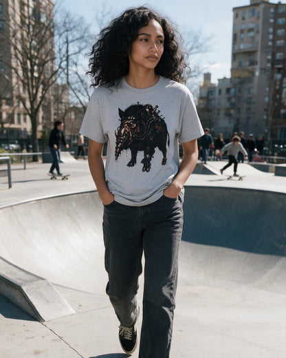 Horror Boar T-Shirt in Sport Grey worn on the street — Urban Kong
