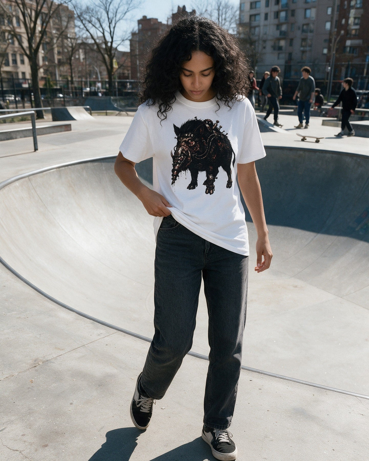 Horror Boar T-Shirt in White worn on the street — Urban Kong
