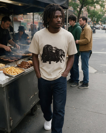 Horror Fusion II T-Shirt in Sand worn on the street — Urban Kong