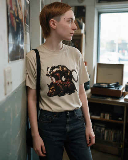 Horror Fusion T-Shirt in Sand worn on the street — Urban Kong