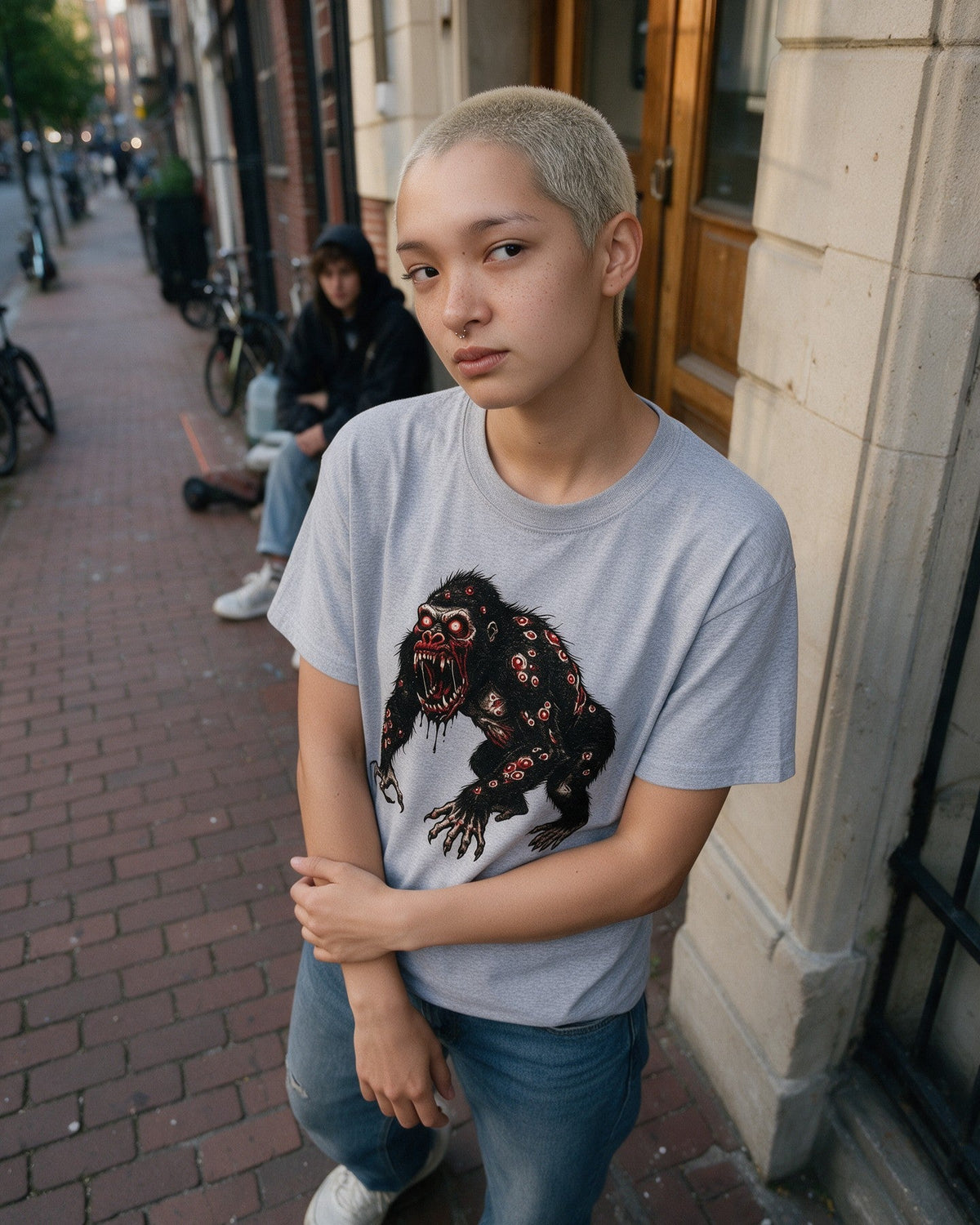 Horror Kong T-Shirt in Sport Grey worn on the street — Urban Kong