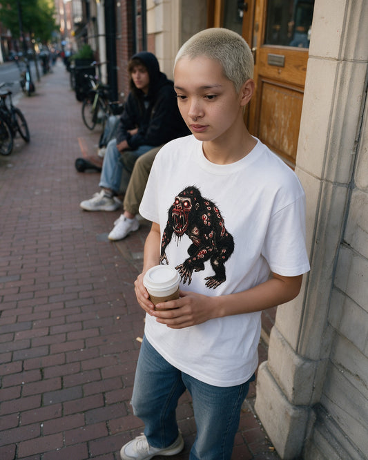 Horror Kong T-Shirt in White worn on the street — Urban Kong