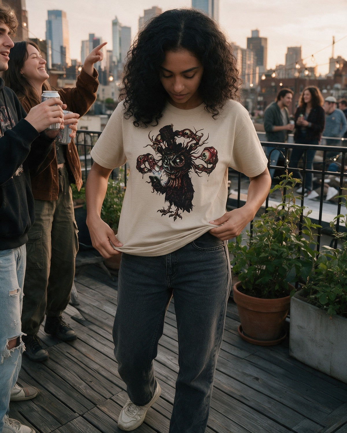 Horror Owl T-Shirt in Sand worn on the street — Urban Kong