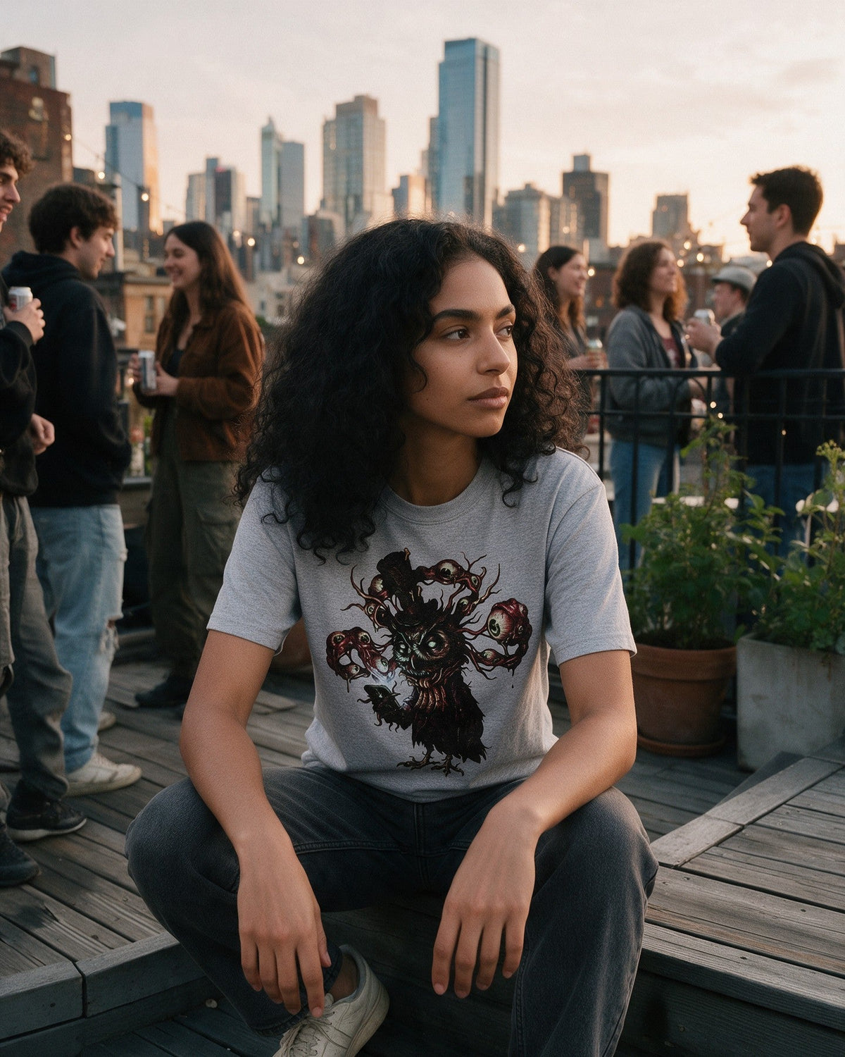 Horror Owl T-Shirt in Sport Grey worn on the street — Urban Kong