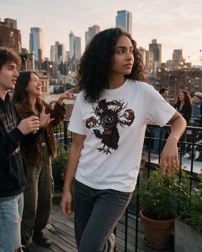 Horror Owl T-Shirt in White worn on the street — Urban Kong