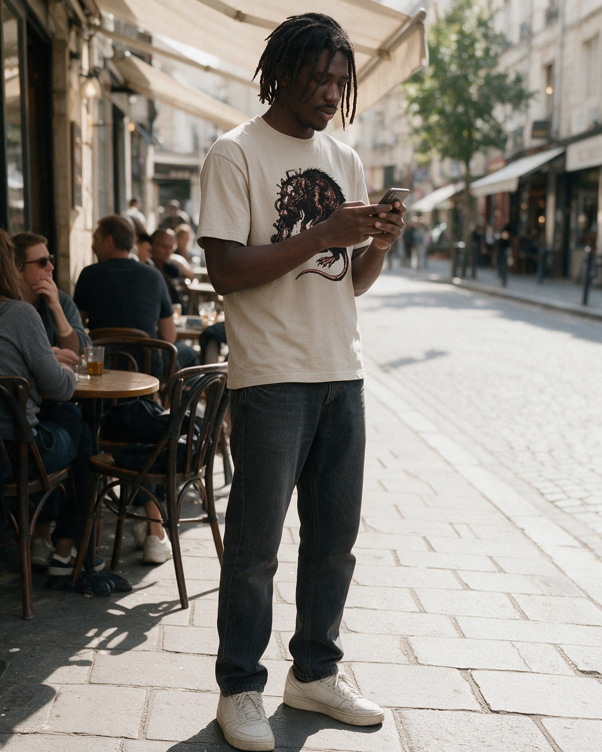 Horror Rat T-Shirt in Sand worn on the street — Urban Kong