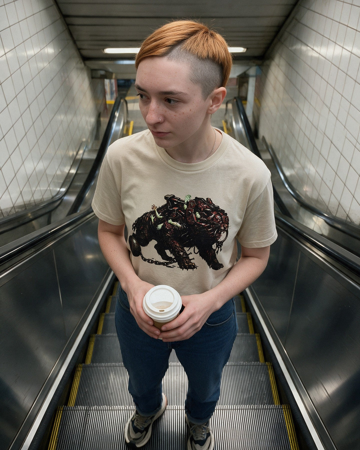 Horror Sabertooth T-Shirt in Sand worn on the street — Urban Kong