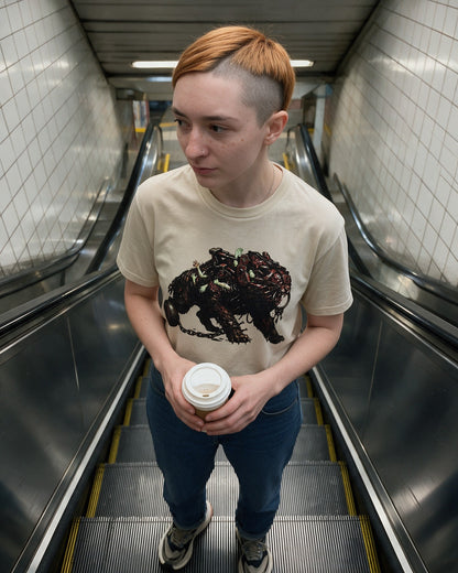 Horror Sabertooth T-Shirt in Sand worn on the street — Urban Kong