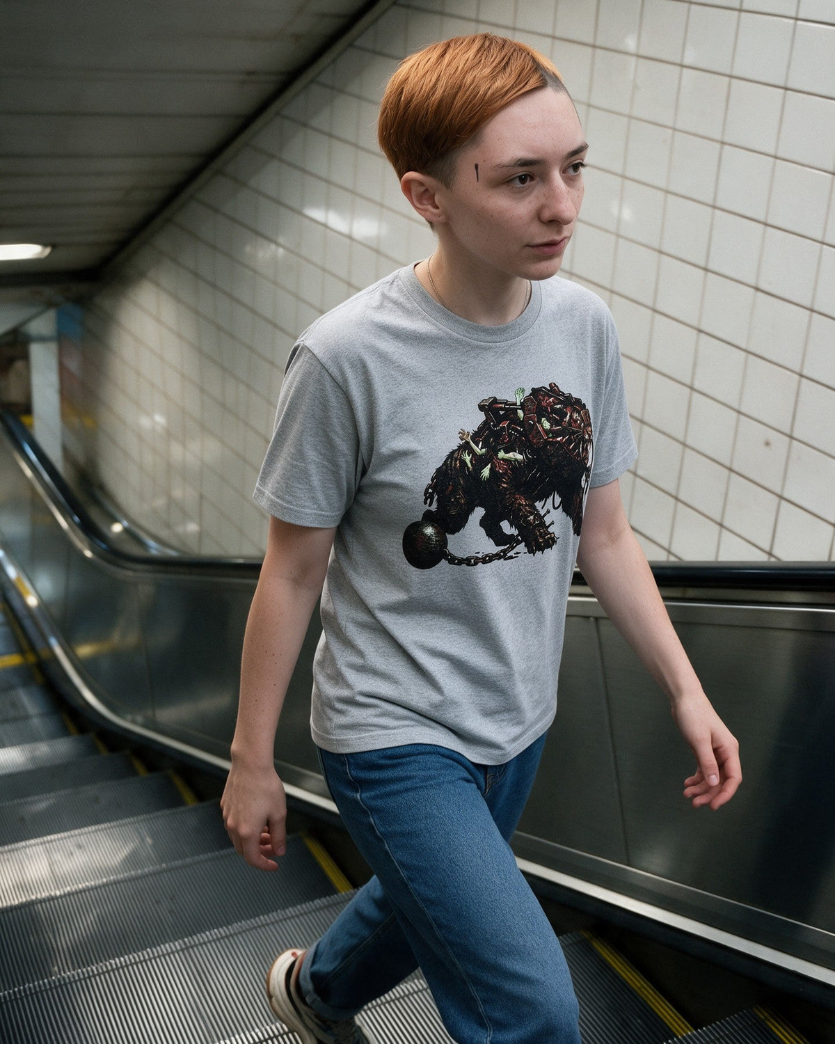 Horror Sabertooth T-Shirt in Sport Grey worn on the street — Urban Kong