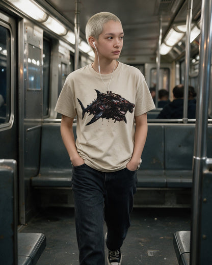 Horror Shark II T-Shirt in Sand worn on the street — Urban Kong