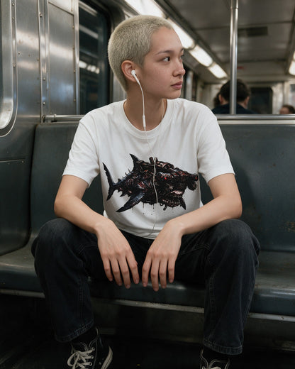 Horror Shark II T-Shirt in White worn on the street — Urban Kong