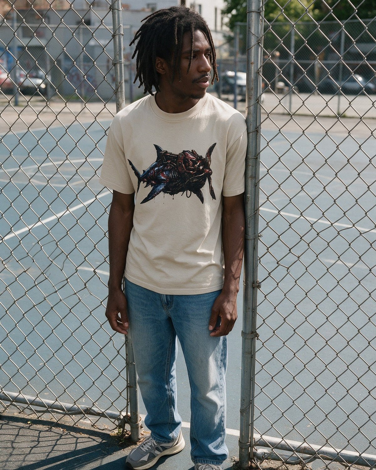 Horror Shark T-Shirt in Sand worn on the street — Urban Kong