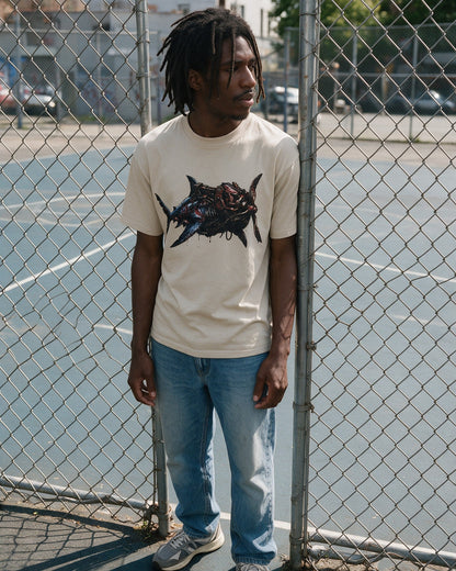 Horror Shark T-Shirt in Sand worn on the street — Urban Kong