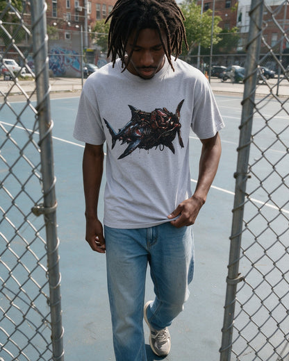 Horror Shark T-Shirt in Sport Grey worn on the street — Urban Kong