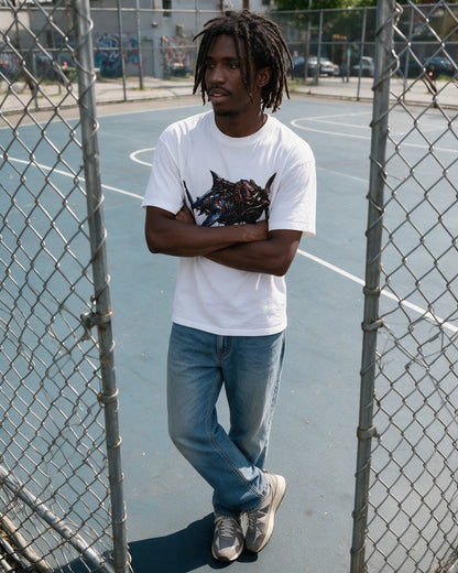 Horror Shark T-Shirt in White worn on the street — Urban Kong