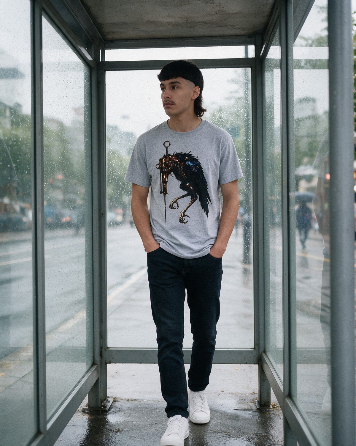 Horror Vulture T-Shirt in Sport Grey worn on the street — Urban Kong
