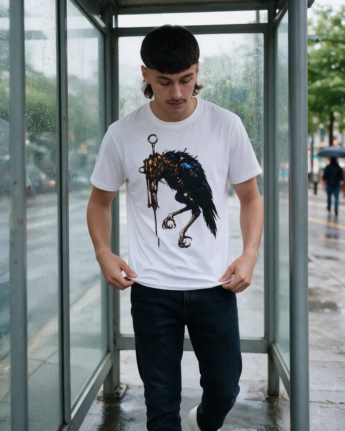Horror Vulture T-Shirt in White worn on the street — Urban Kong