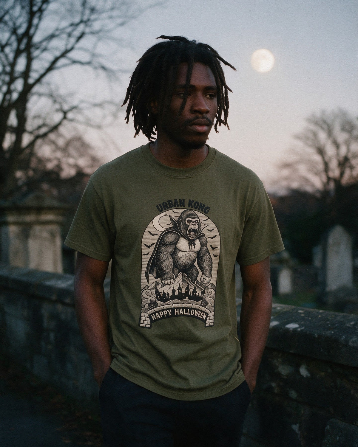 Immortal soul T-Shirt in Military Green worn on the street — Urban Kong
