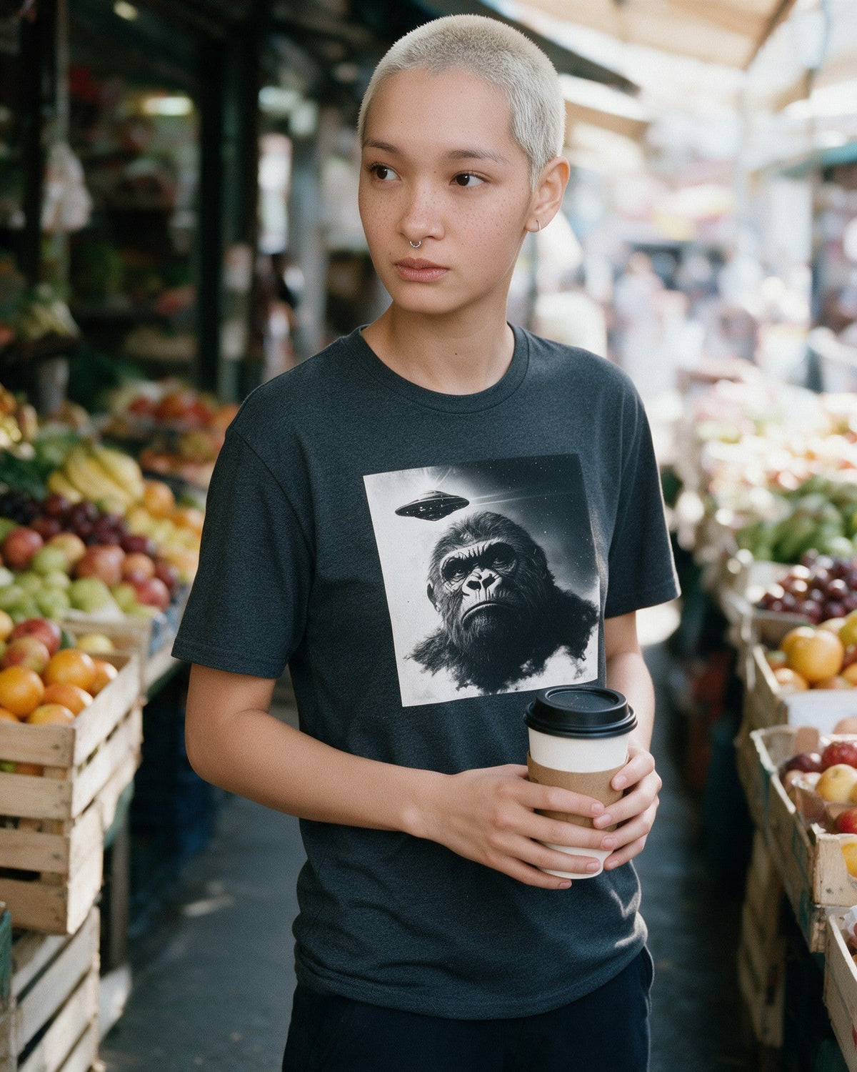 In My Head T-Shirt in Dark Heather worn on the street — Urban Kong