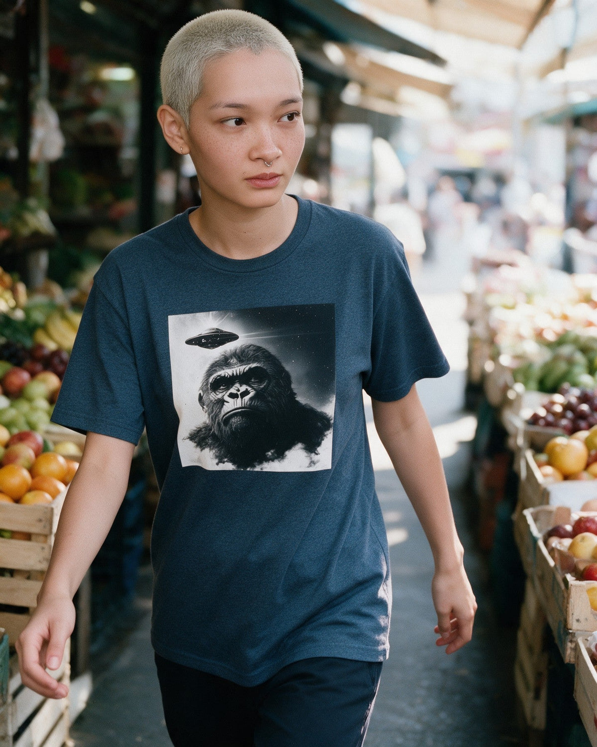 In My Head T-Shirt in Heather Indigo worn on the street — Urban Kong