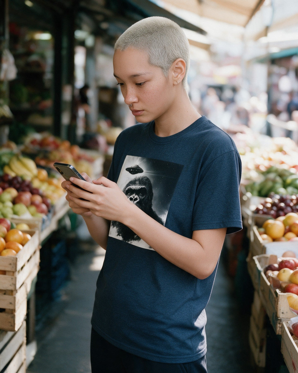In My Head T-Shirt in Heather Navy worn on the street — Urban Kong