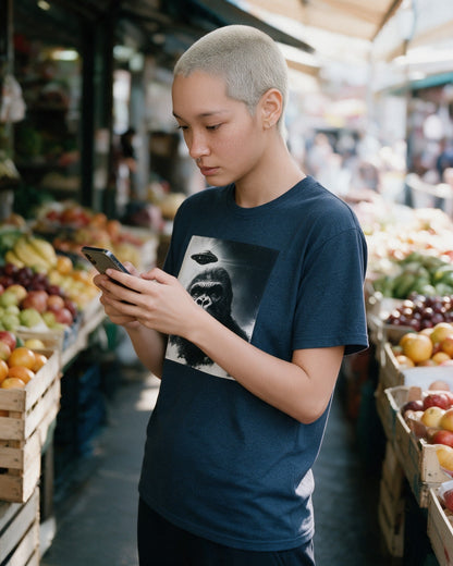 In My Head T-Shirt in Heather Navy worn on the street — Urban Kong