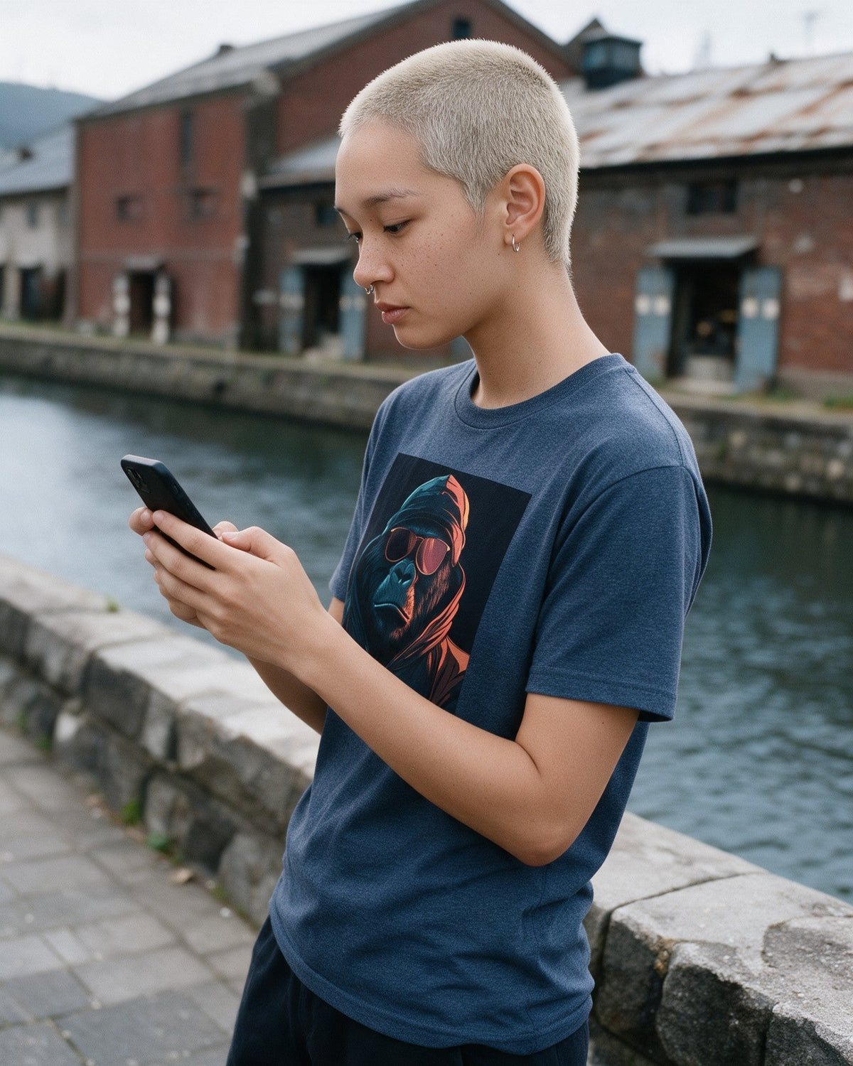 InKongnito T-Shirt in Heather Indigo worn on the street — Urban Kong