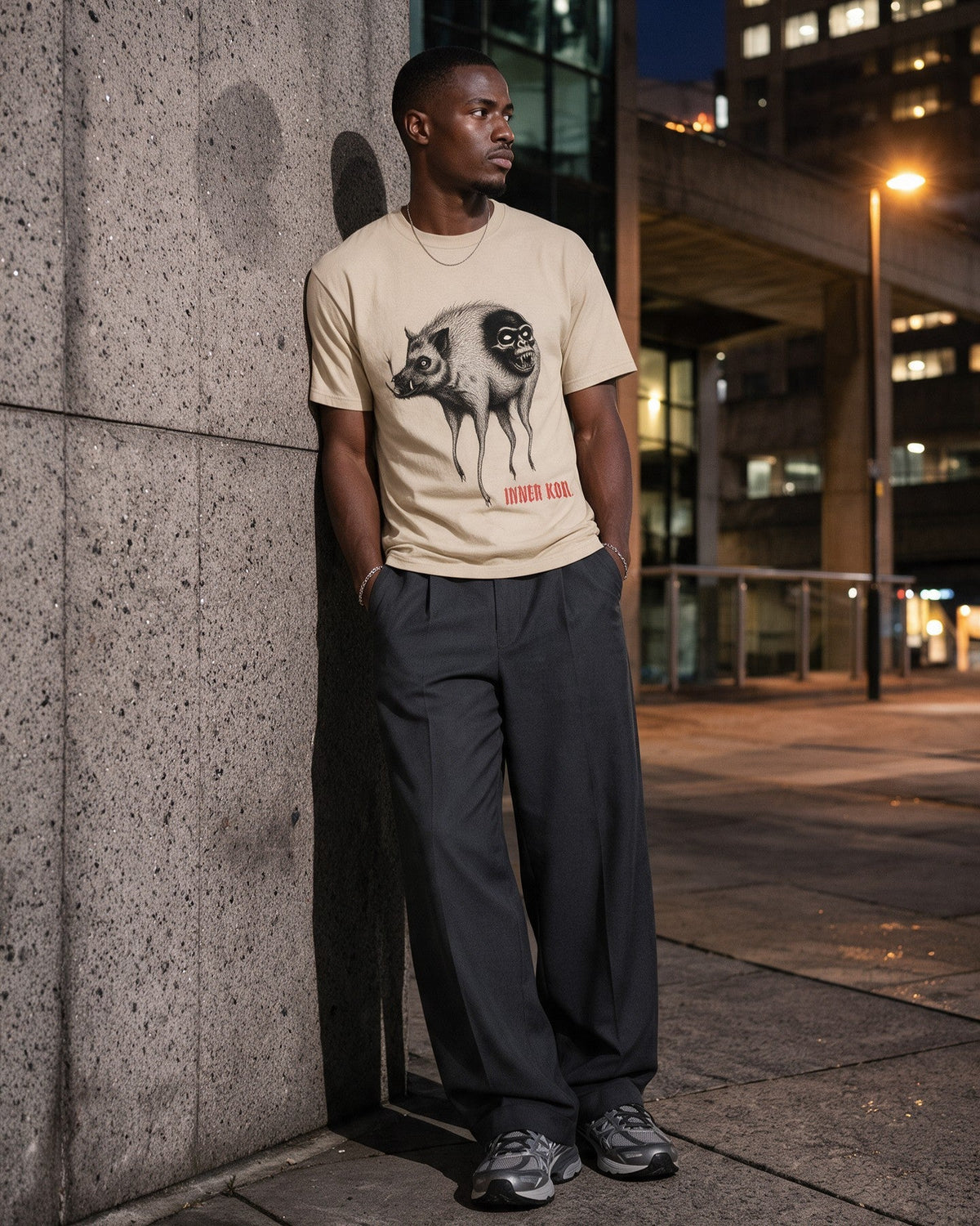 Inner Kong T-Shirt in Sand worn on the street — Urban Kong