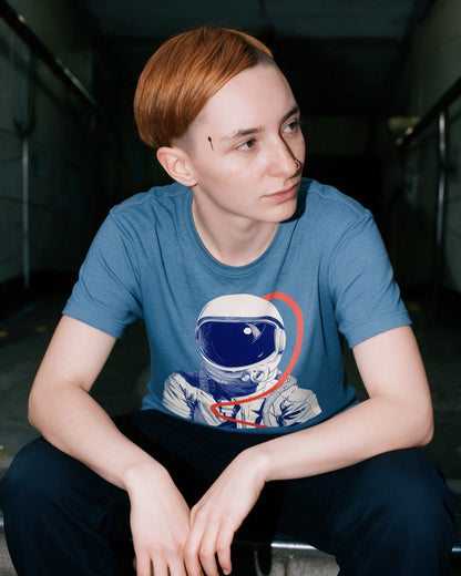 Inner Orbit T-Shirt in Heather Indigo worn on the street — Urban Kong