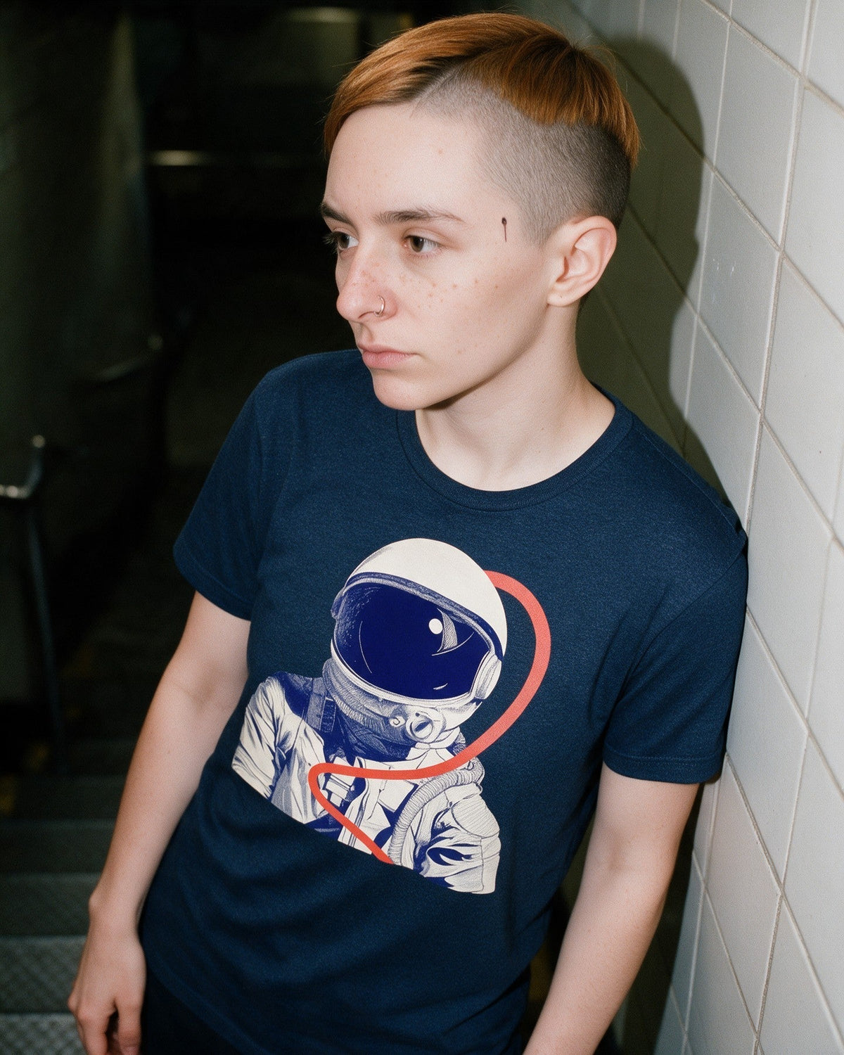 Inner Orbit T-Shirt in Heather Navy worn on the street — Urban Kong