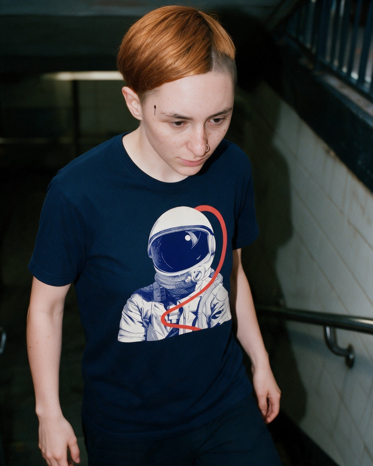 Inner Orbit T-Shirt in Navy worn on the street — Urban Kong