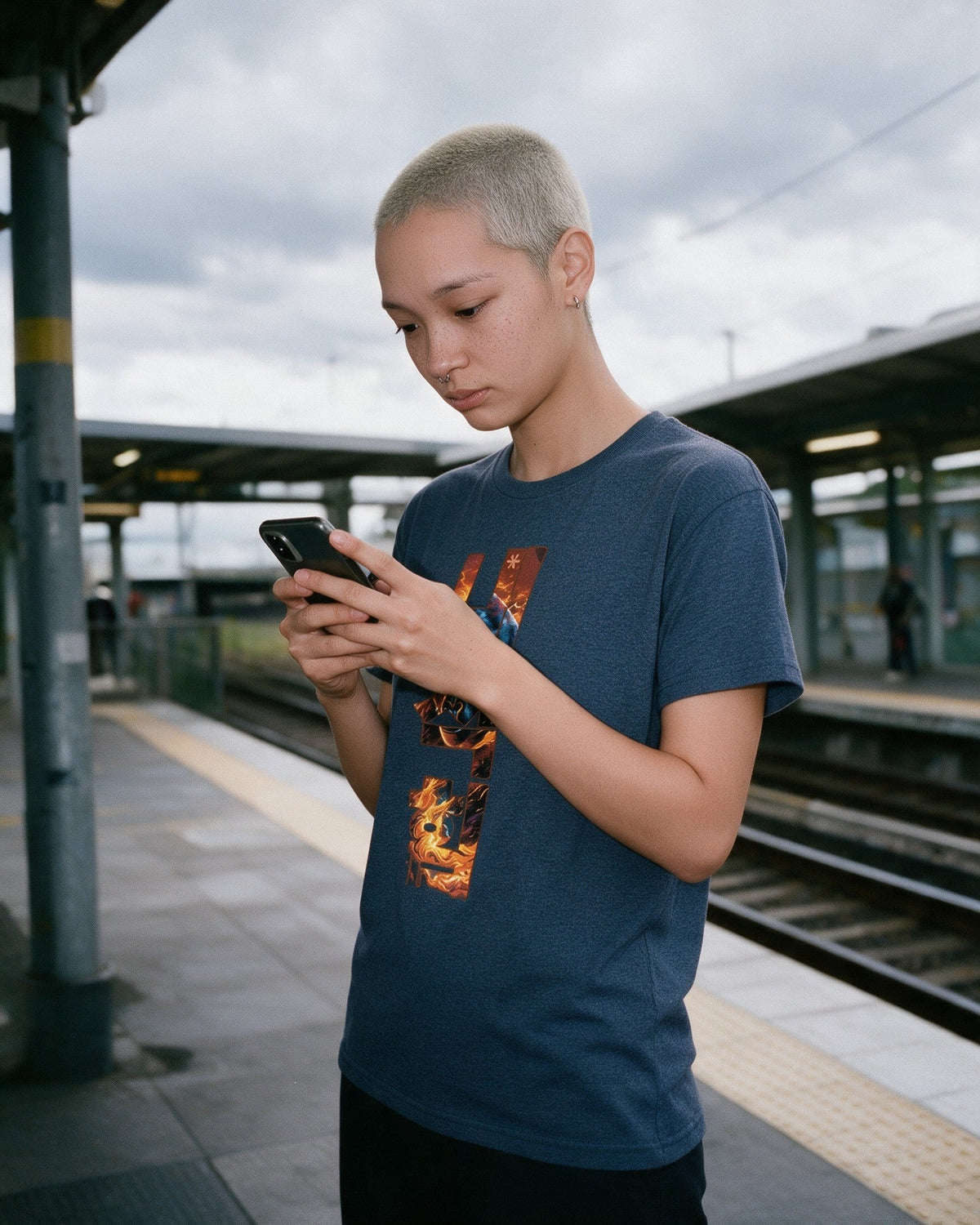 Inner Power T-Shirt in Heather Indigo worn on the street — Urban Kong