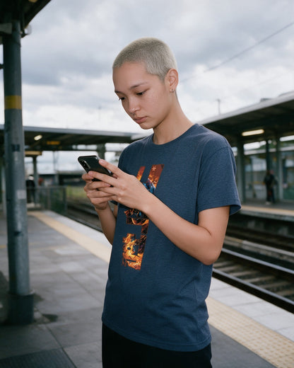 Inner Power T-Shirt in Heather Indigo worn on the street — Urban Kong