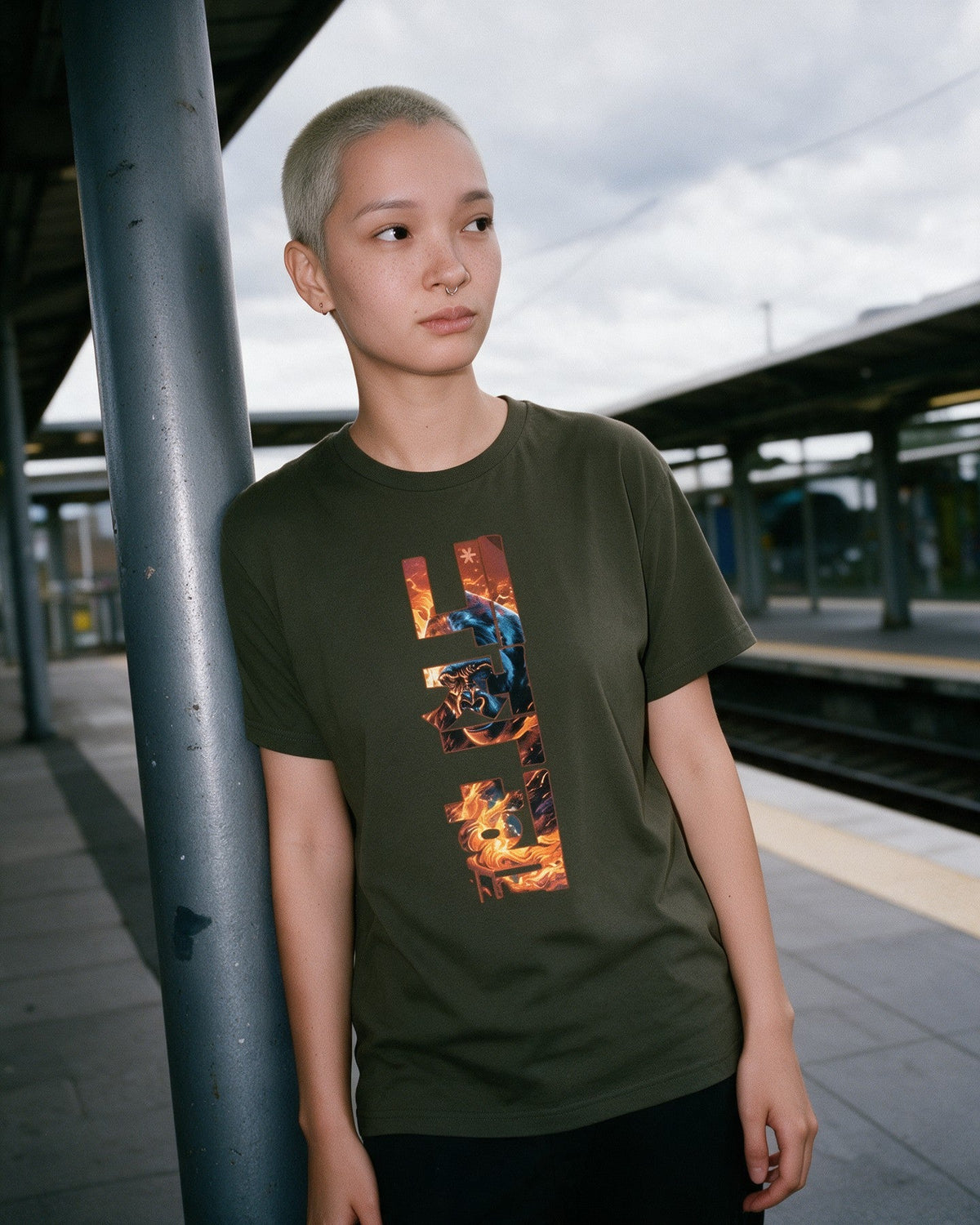 Inner Power T-Shirt in Military Green worn on the street — Urban Kong