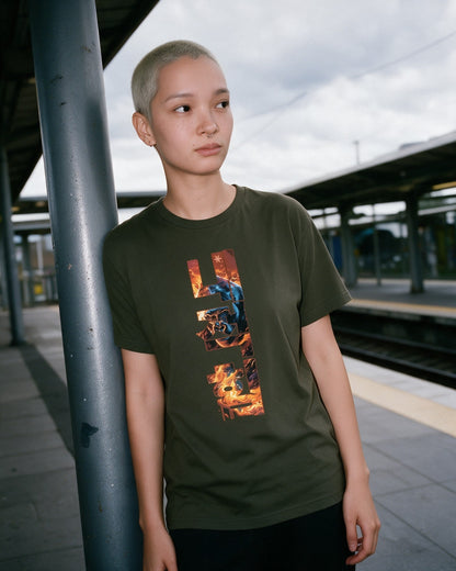 Inner Power T-Shirt in Military Green worn on the street — Urban Kong
