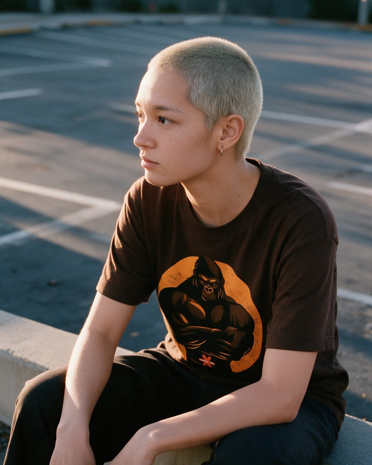 Iron Kong T-Shirt in Dark Chocolate worn on the street — Urban Kong